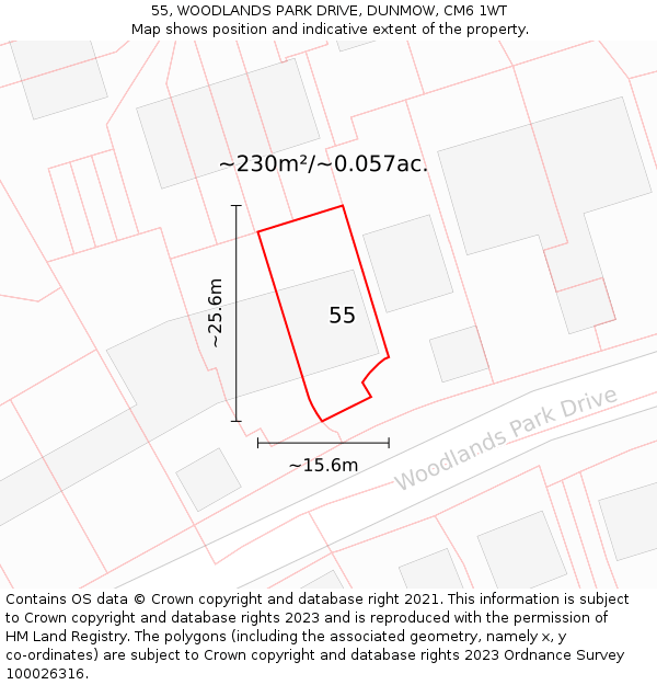 55, WOODLANDS PARK DRIVE, DUNMOW, CM6 1WT: Plot and title map