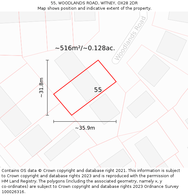 55, WOODLANDS ROAD, WITNEY, OX28 2DR: Plot and title map