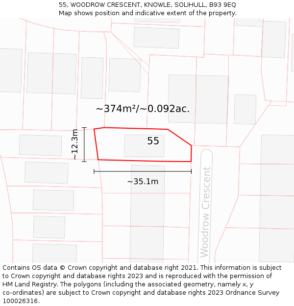 55, WOODROW CRESCENT, KNOWLE, SOLIHULL, B93 9EQ: Plot and title map