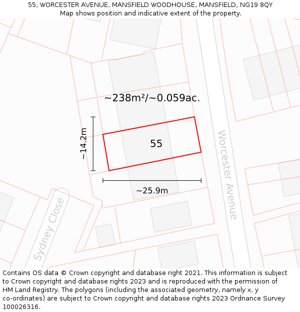 55, WORCESTER AVENUE, MANSFIELD WOODHOUSE, MANSFIELD, NG19 8QY: Plot and title map