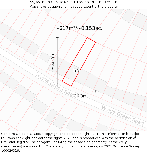 55, WYLDE GREEN ROAD, SUTTON COLDFIELD, B72 1HD: Plot and title map