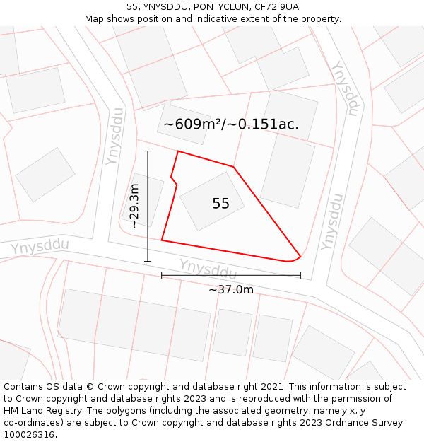 55, YNYSDDU, PONTYCLUN, CF72 9UA: Plot and title map