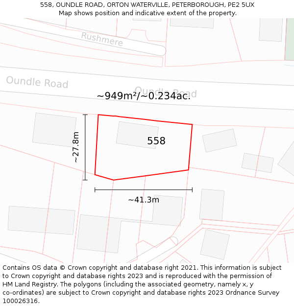 558, OUNDLE ROAD, ORTON WATERVILLE, PETERBOROUGH, PE2 5UX: Plot and title map