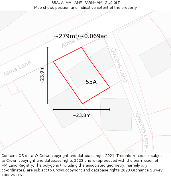 55A, ALMA LANE, FARNHAM, GU9 0LT: Plot and title map
