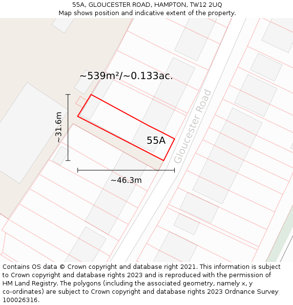 55A, GLOUCESTER ROAD, HAMPTON, TW12 2UQ: Plot and title map