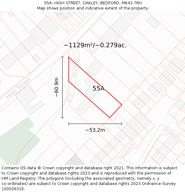 55A, HIGH STREET, OAKLEY, BEDFORD, MK43 7RH: Plot and title map