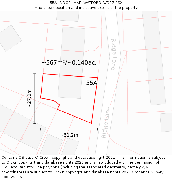 55A, RIDGE LANE, WATFORD, WD17 4SX: Plot and title map