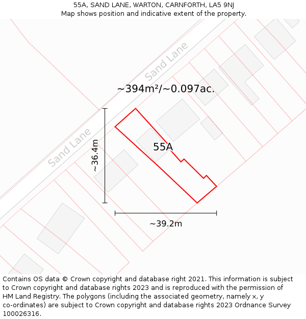 55A, SAND LANE, WARTON, CARNFORTH, LA5 9NJ: Plot and title map