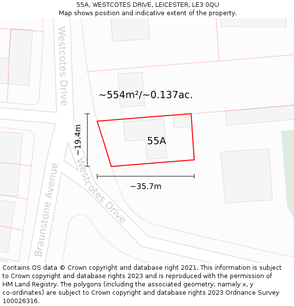 55A, WESTCOTES DRIVE, LEICESTER, LE3 0QU: Plot and title map