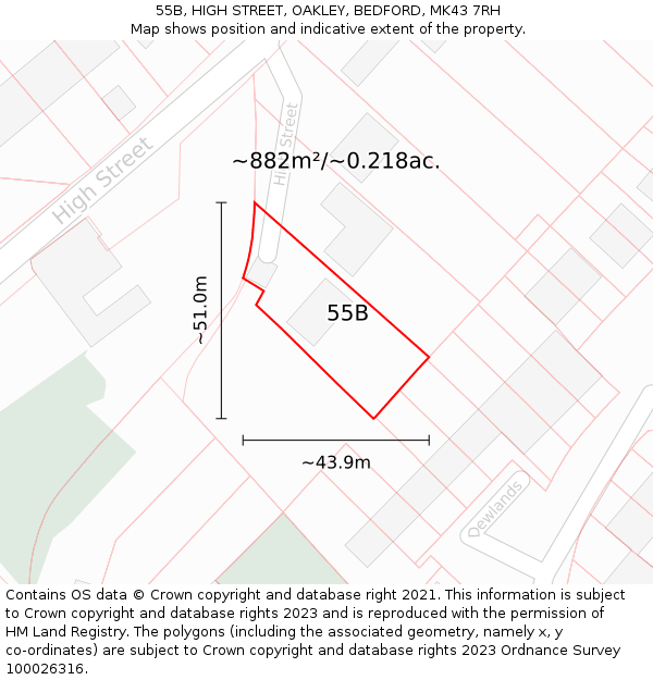 55B, HIGH STREET, OAKLEY, BEDFORD, MK43 7RH: Plot and title map