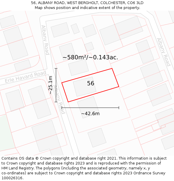 56, ALBANY ROAD, WEST BERGHOLT, COLCHESTER, CO6 3LD: Plot and title map