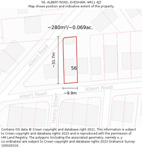 56, ALBERT ROAD, EVESHAM, WR11 4JZ: Plot and title map