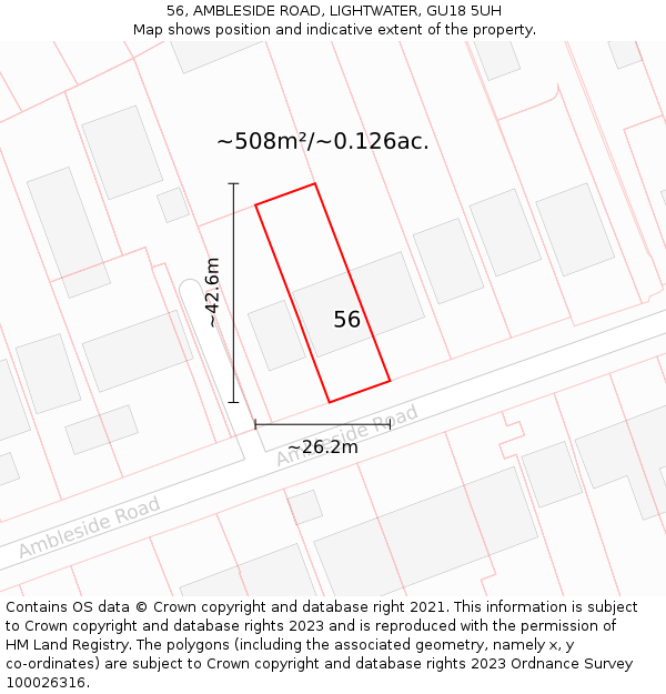 56, AMBLESIDE ROAD, LIGHTWATER, GU18 5UH: Plot and title map