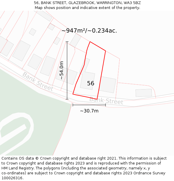 56, BANK STREET, GLAZEBROOK, WARRINGTON, WA3 5BZ: Plot and title map