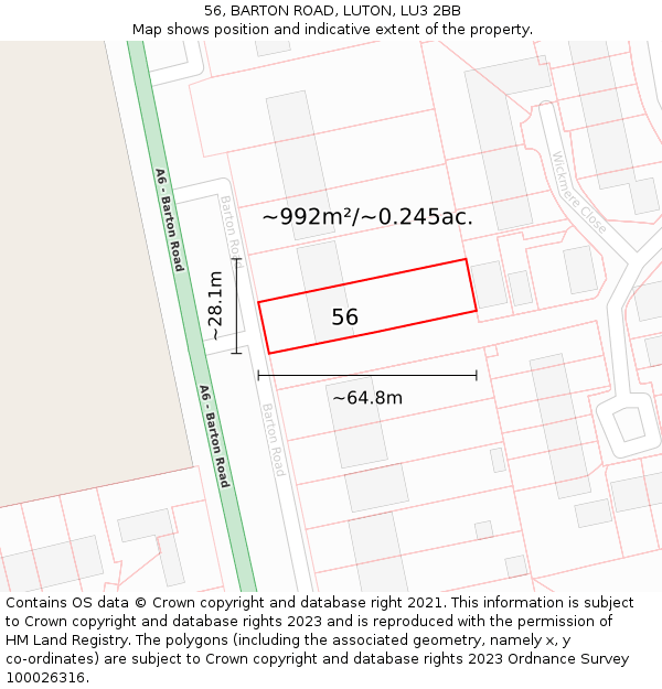 56, BARTON ROAD, LUTON, LU3 2BB: Plot and title map