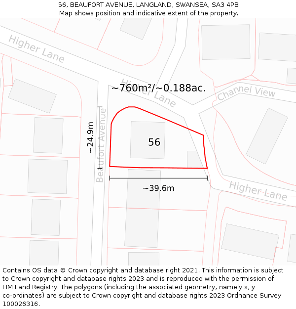 56, BEAUFORT AVENUE, LANGLAND, SWANSEA, SA3 4PB: Plot and title map