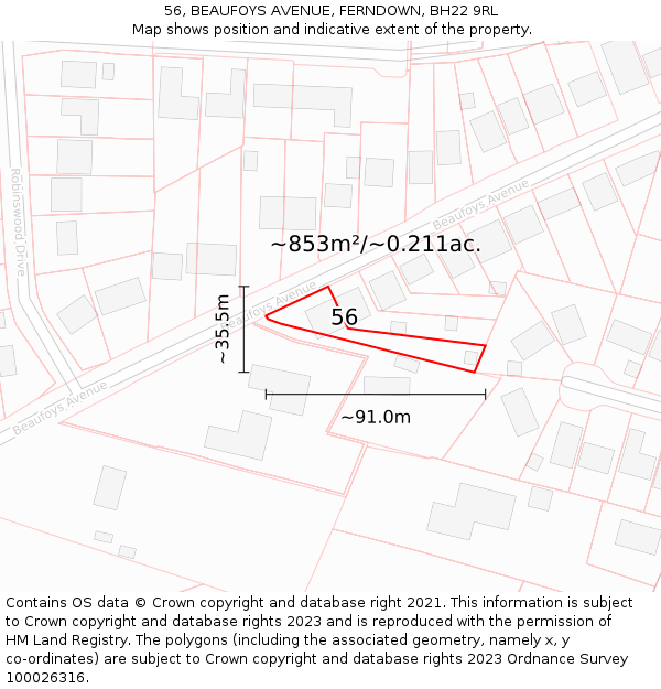 56, BEAUFOYS AVENUE, FERNDOWN, BH22 9RL: Plot and title map