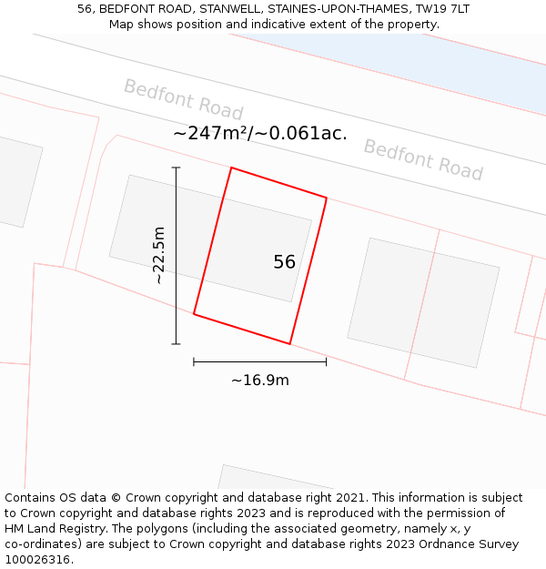 56, BEDFONT ROAD, STANWELL, STAINES-UPON-THAMES, TW19 7LT: Plot and title map