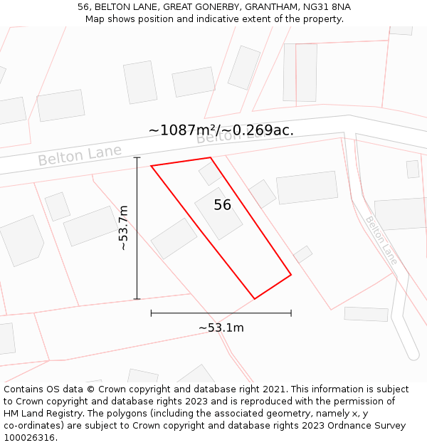 56, BELTON LANE, GREAT GONERBY, GRANTHAM, NG31 8NA: Plot and title map