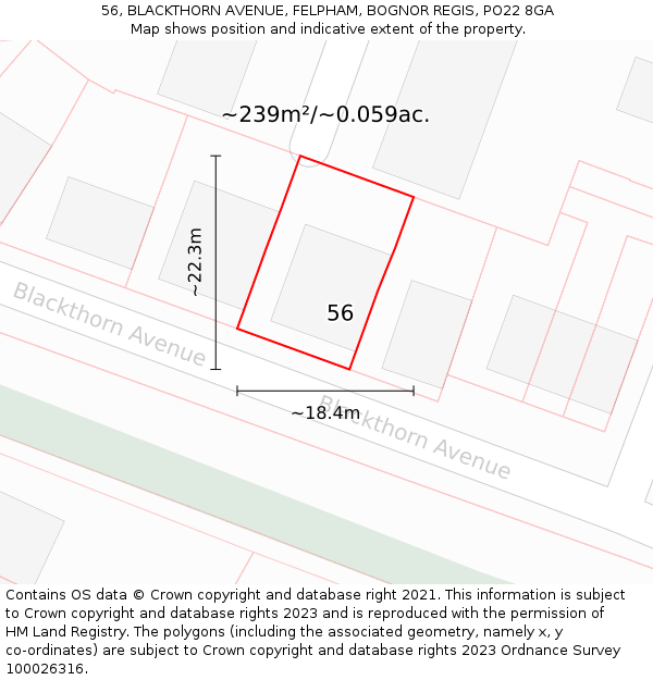 56, BLACKTHORN AVENUE, FELPHAM, BOGNOR REGIS, PO22 8GA: Plot and title map