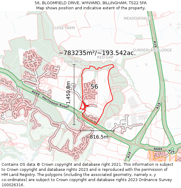 56, BLOOMFIELD DRIVE, WYNYARD, BILLINGHAM, TS22 5FA: Plot and title map