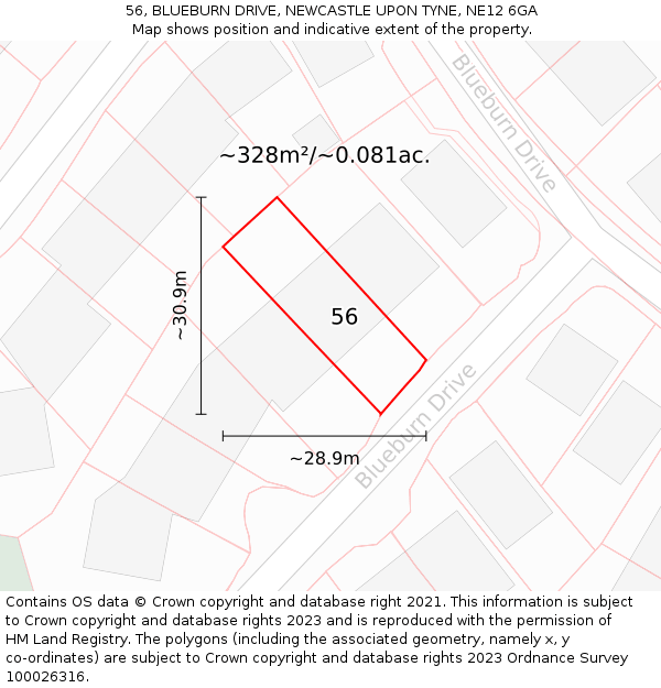 56, BLUEBURN DRIVE, NEWCASTLE UPON TYNE, NE12 6GA: Plot and title map