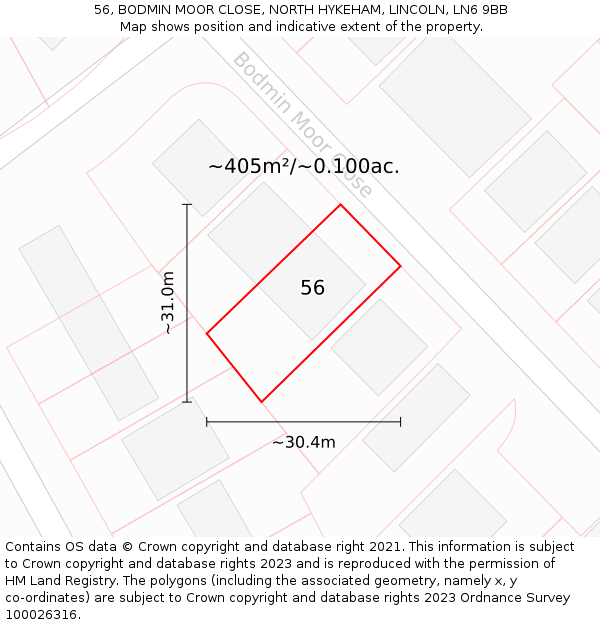 56, BODMIN MOOR CLOSE, NORTH HYKEHAM, LINCOLN, LN6 9BB: Plot and title map