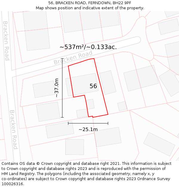 56, BRACKEN ROAD, FERNDOWN, BH22 9PF: Plot and title map