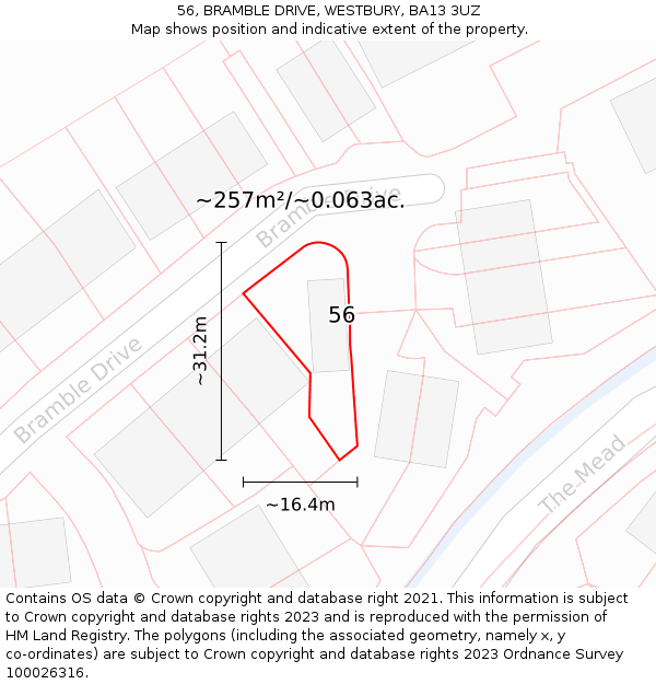 56, BRAMBLE DRIVE, WESTBURY, BA13 3UZ: Plot and title map