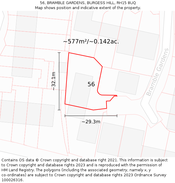 56, BRAMBLE GARDENS, BURGESS HILL, RH15 8UQ: Plot and title map