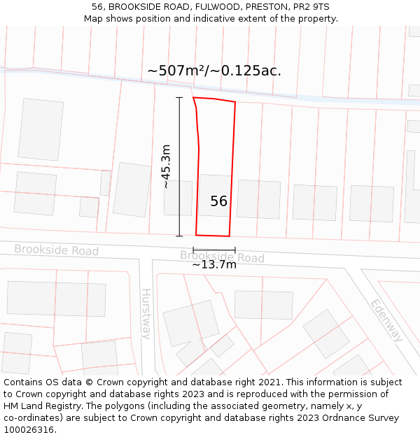 56, BROOKSIDE ROAD, FULWOOD, PRESTON, PR2 9TS: Plot and title map