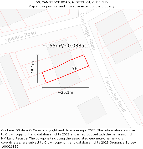 56, CAMBRIDGE ROAD, ALDERSHOT, GU11 3LD: Plot and title map