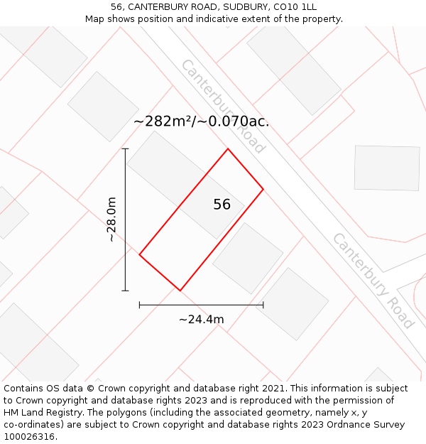 56, CANTERBURY ROAD, SUDBURY, CO10 1LL: Plot and title map