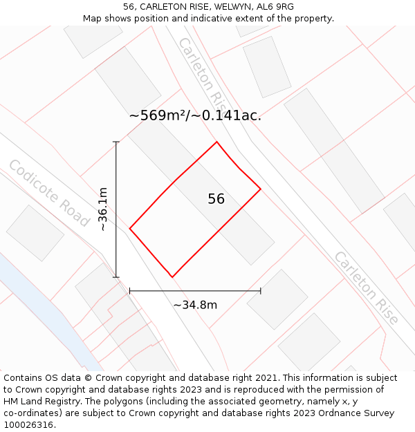 56, CARLETON RISE, WELWYN, AL6 9RG: Plot and title map