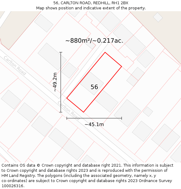 56, CARLTON ROAD, REDHILL, RH1 2BX: Plot and title map