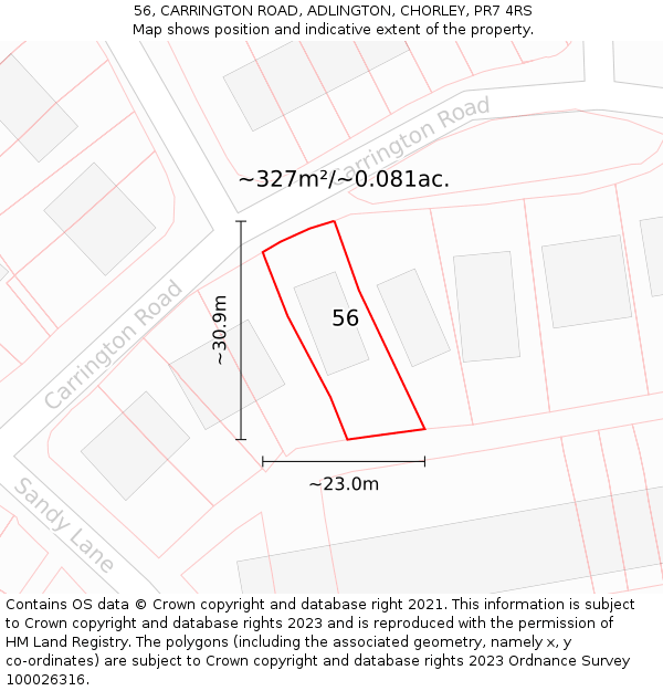 56, CARRINGTON ROAD, ADLINGTON, CHORLEY, PR7 4RS: Plot and title map