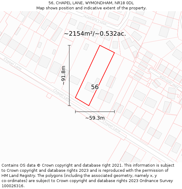 56, CHAPEL LANE, WYMONDHAM, NR18 0DL: Plot and title map