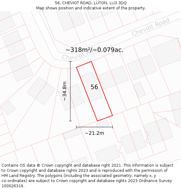 56, CHEVIOT ROAD, LUTON, LU3 3DQ: Plot and title map