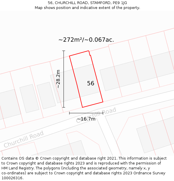 56, CHURCHILL ROAD, STAMFORD, PE9 1JG: Plot and title map