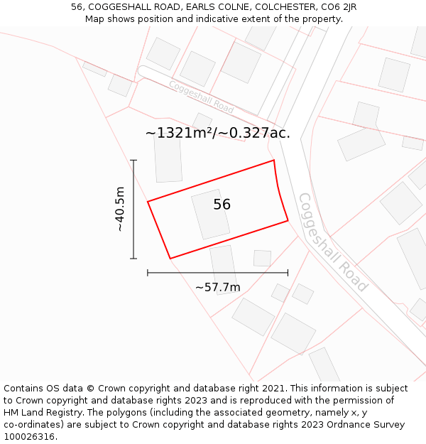 56, COGGESHALL ROAD, EARLS COLNE, COLCHESTER, CO6 2JR: Plot and title map