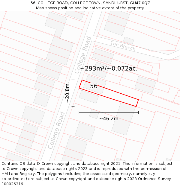 56, COLLEGE ROAD, COLLEGE TOWN, SANDHURST, GU47 0QZ: Plot and title map