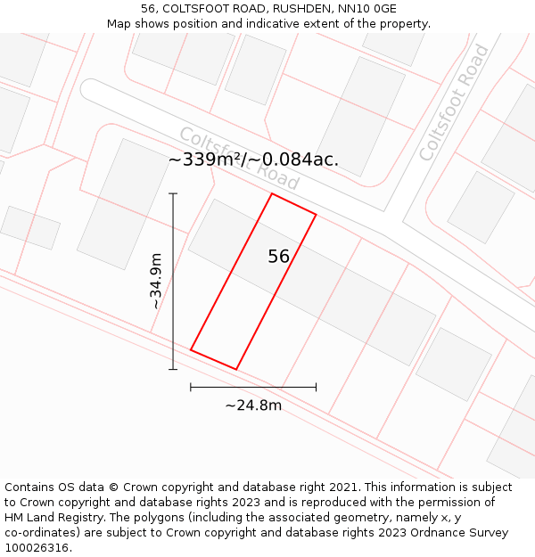 56, COLTSFOOT ROAD, RUSHDEN, NN10 0GE: Plot and title map