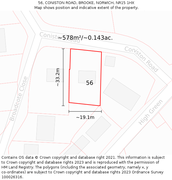 56, CONISTON ROAD, BROOKE, NORWICH, NR15 1HX: Plot and title map