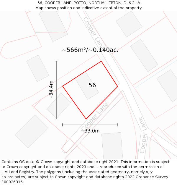 56, COOPER LANE, POTTO, NORTHALLERTON, DL6 3HA: Plot and title map