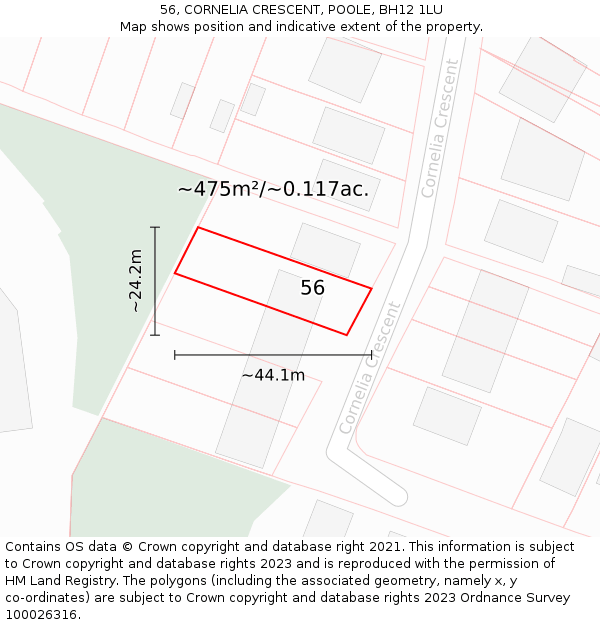 56, CORNELIA CRESCENT, POOLE, BH12 1LU: Plot and title map