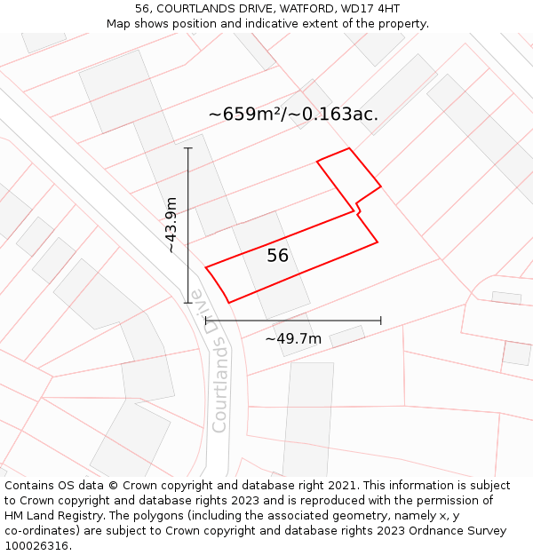 56, COURTLANDS DRIVE, WATFORD, WD17 4HT: Plot and title map