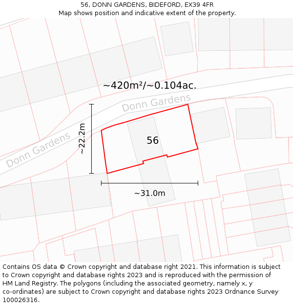 56, DONN GARDENS, BIDEFORD, EX39 4FR: Plot and title map