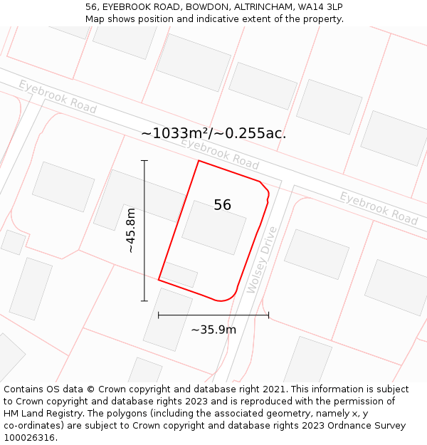 56, EYEBROOK ROAD, BOWDON, ALTRINCHAM, WA14 3LP: Plot and title map