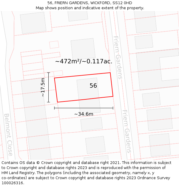 56, FRIERN GARDENS, WICKFORD, SS12 0HD: Plot and title map