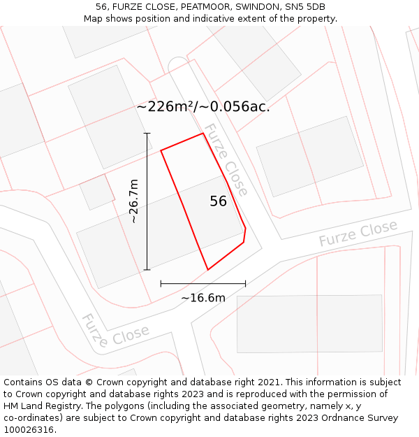 56, FURZE CLOSE, PEATMOOR, SWINDON, SN5 5DB: Plot and title map